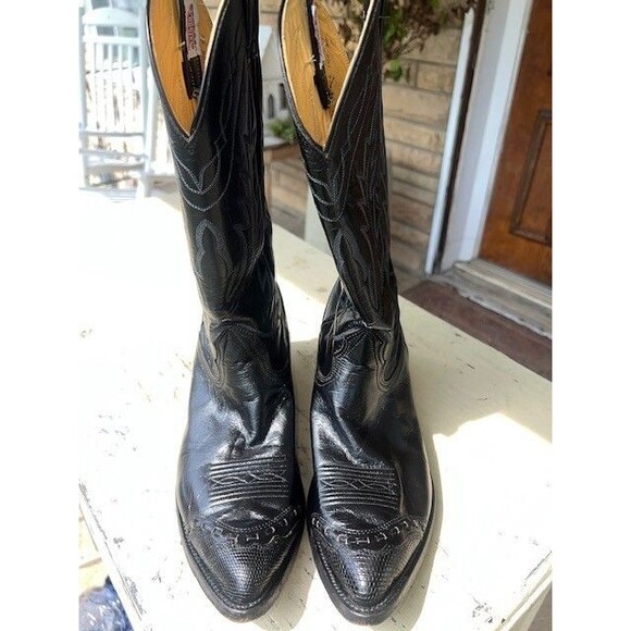 Nocona Vtg Black Premium Leather Cowboy Boots w/lizardskin Wingtips Mn’s Sz 10.5 main image 6